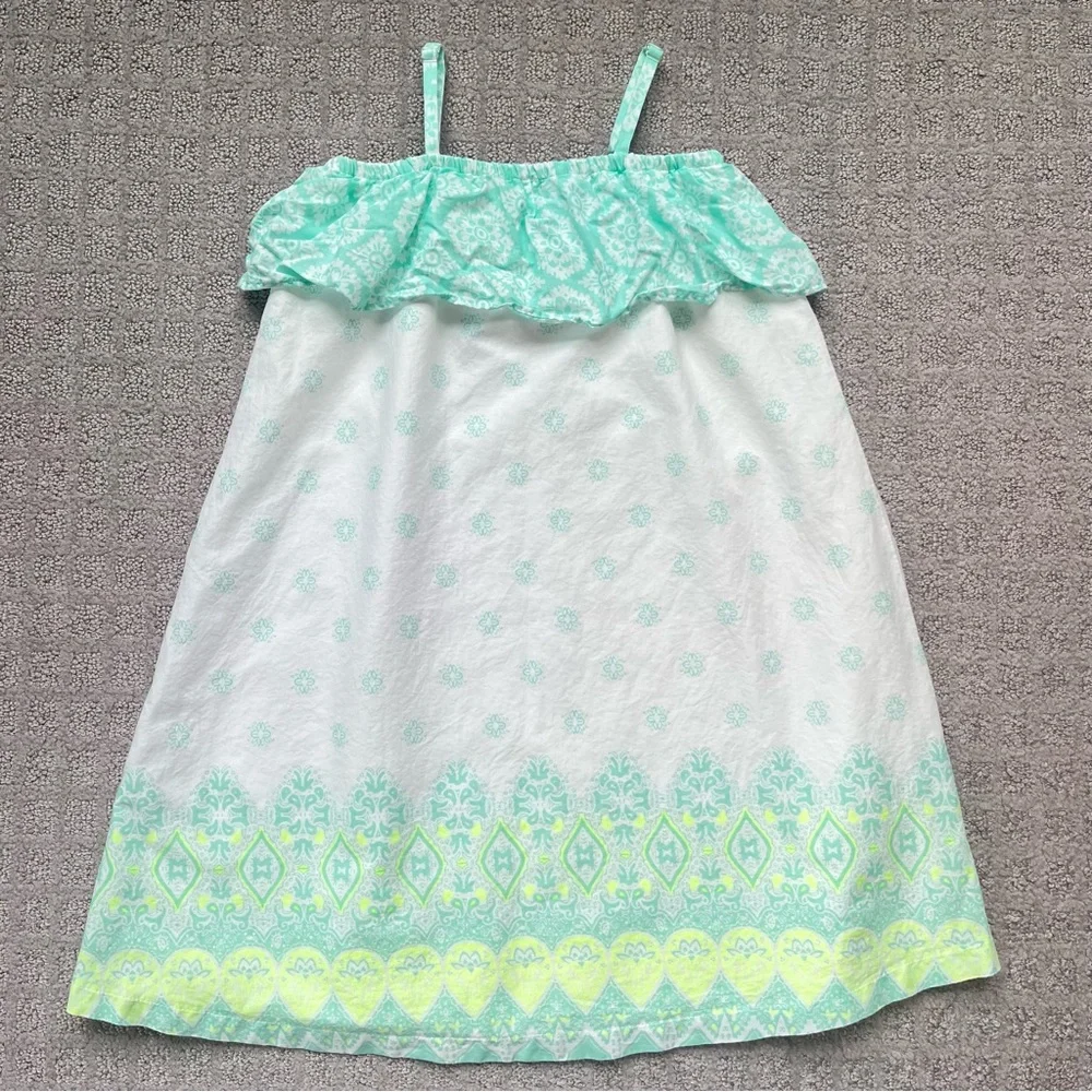 Children’s Place Spaghetti Strap Ruffle Smock Dress White Mint Lime Green 5/6